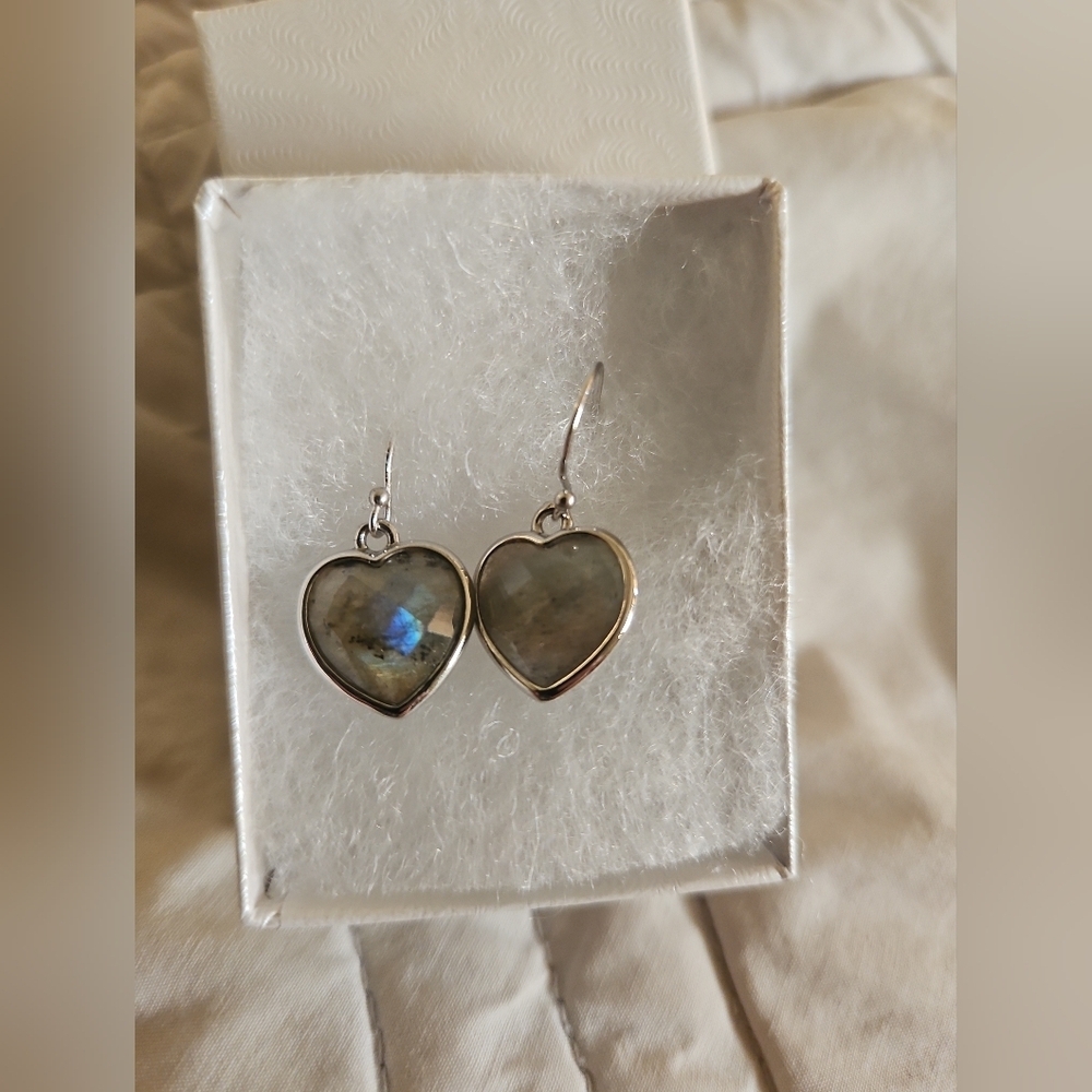 Labradorite Heart Drop Earrings | Sterling Silver | Boho Gemstone Jewelry - Picture 3 of 3